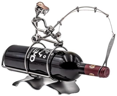 STEEMO Original Schraubenmännchen Weinflaschenhalter – Angler mit Angelrute & Fisch, Handgefertigter Flaschenständer aus Stahl, Kreative Wein-Deko & Geschenkidee für Angler und Weinliebhaber