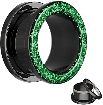 Treuheld® | Schwarzer Flesh Tunnel mit dunkelgrünem Glitter/Glitzer in grün - 17 Größen: 2-30mm - schraubbar - mit Schutzschicht - Piercing Ohr Tunnel aus Chirurgenstahl 316L Edelstahl nickelfrei