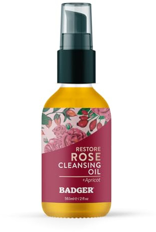 Badger Rose Face Cleansing Oil, Organic Facial Oil Cleanser & Makeup Remover, Oil Cleansing Method, Non-Greasy Moisturizing Skin Balancing Gentle Face Cleanser w/Pure Rose Oil, 2 fl oz Glass Bottle
