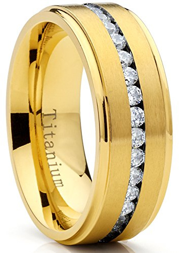 Metal Masters GoldTone Titanium Men's Eternity Wedding Band Ring with Cubic Zirconia CZ, Comfort Fit 8mm SZ 10