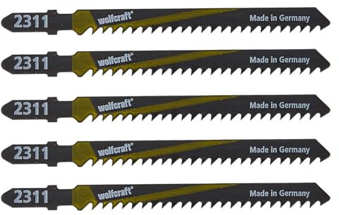 wolfcraft 5 Stichsägeblätter HCS I 2361000 I Ideal für Tischlerplatte, Sperrholz, Weichholz I schnelle, grobe Schnitte I Kompatibel mit AEG, Bosch, Makita
