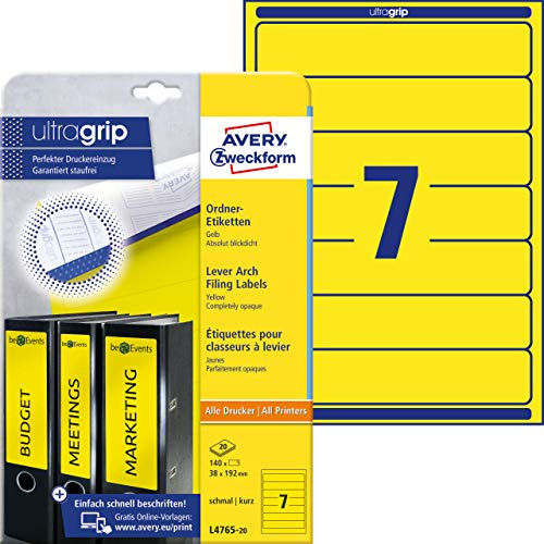 AVERY Specialform L4765-20 mapperlappar etiketter (med ultragrip, 38 x 192 mm på DIN A4, smal/kort, självhäftande, iögonfallande, tryckta mappetiketter, 140 bakskyltar på 20 ark) gul