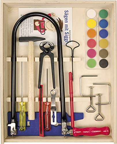 Pebaro 429S Laubsäge-Holzkiste mit Farbkasten, 22 Teile, komplettes Set im Holzschrank, Stahlwerkzeuge, Laubsägebogen made in Germany, Basteln mit Holz, Laubsägen, Bastelset, Geschenkidee für Kinder