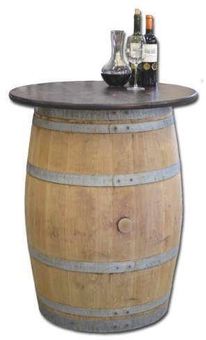 Temesso Dekofass, Stehtisch aus echtem Weinfass, Gartentisch mit Tischplatte nussbaumfarben lackiert D80 cm - Fass Natur unbehandelt