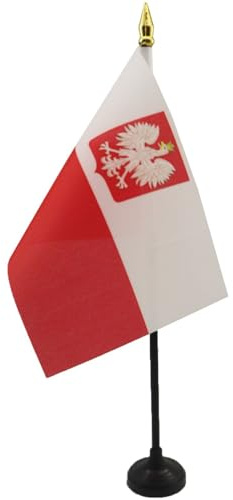 AZ FLAG – Polen med örn bordsflagga 4 tum x 6 tum – polsk vapensköld mini skrivbordsflagga 100% polyester 15 x 10 cm – kontorsflagga med 10 tum stång – gyllene spjut
