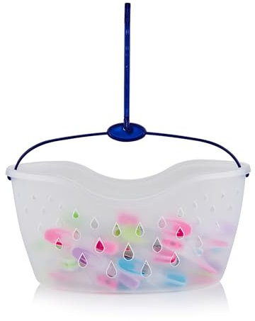 Minky Peg Basket with 24 Brite Pegs, Durable Plastic Bag with Water Draining Holes, Strong Hook, Assorted Colours