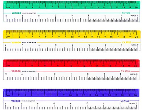 8 inch/20 cm Rulers. Pack of 12 of Premium Quality Plastic Transparent Rulers | Yellow, Green, Red, Blue