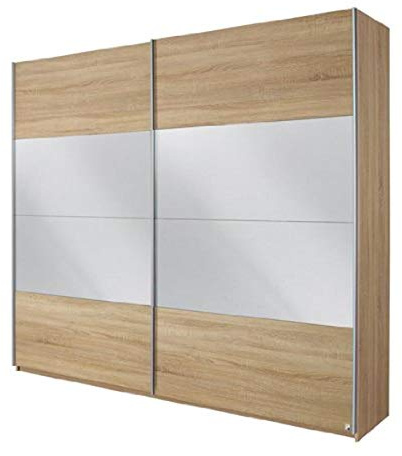 Rauch Möbel Quadra Kleiderschrank, Schwebetürenschrank, 2-türig, mit Spiegel, inkl. Zubehörpaket Basic 2 Einlegeböden 2 Kleiderstangen, Farbe Eiche Sonoma, BxHxT 136x210x62cm