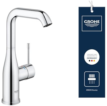 GROHE Essence Smooth Body Basin Mixer Tap (L-Size 244 mm, High Spout 360° Adjustable Swivel Range, 28 mm Ceramic Cartridge, Water Saving, 3/8 Inch Tails), Chrome, 23541001