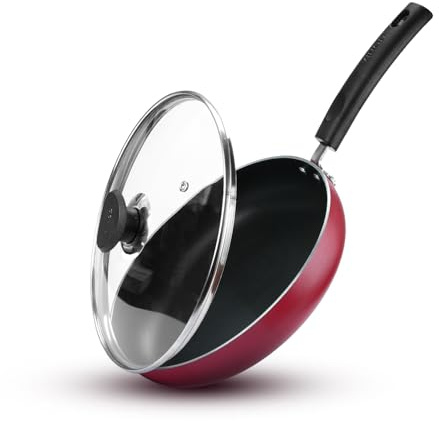 Vinod Zest Inducto Non-Stick Deep Frying Pan with Glass Lid – 22cm | 3mm Thick Aluminium | PFOA-Free Swiss Coating | Induction & Gas Compatible | Ideal for Fry-ups, Curries, Sausages, Shakshuka