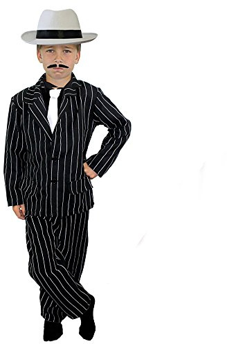 CHILDS 1920's GANGSTER-KOSTÜM, SCHWARZ MIT NADELSTREIFEN-ANZUG JACKE, HOSE UND WEISSEM BAND WEISS-FILZHUT JUNGEN (4-14 JAHREN)