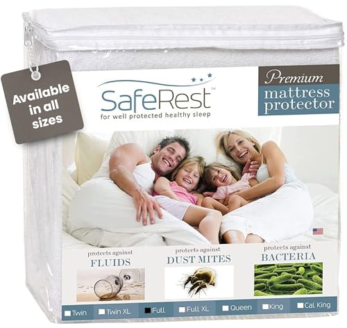 SafeRest Waterproof Full Size Mattress Protector - Fitted with Stretchable Pockets - Machine Washable Cotton Blend Mattress Cover for Bed