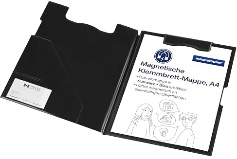 magnetoplan Magnetische Klemmbrett-Mappe, A4 | Kunststoff schwarz mit Einstecktasche | Die perfekte Büromappe, Schreibmappe und Arbeitsmappe