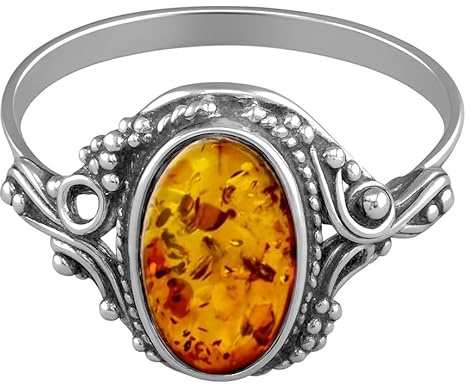 Bague vintage ovale en argent sterling avec ambre de la Baltique ornée d'un sertissage victorien pour femmes et filles – Cognac orange miel/vert – Tailles L-R disponibles