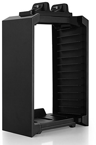 TNP Stand with Controller Charger, Video Game Storage Organizer Tower – Dock Charging Station for DualShock Controllers and Blu-ray Case Game Holder – Compatible with PlayStation 4 Console, Black