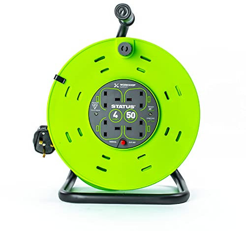 STATUS 4 Socket Cable Reel, 50m, Green, 13 Amp, Thermal Cut Out, Heavy Duty, Outdoor Extension Lead, Ideal for Garden, Workshop, DIY, Power Tools (S50M13ACRX1)