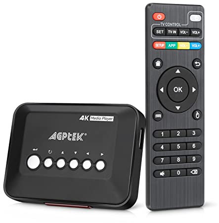 4K@30hz Lecteur Multimédia TV HDMI avec Sortie HDMI/AV, HD Media Player pour 14TB HDD/ 512G Clé USB/Carte SD/H.265 MP4, avec Télécommande pour MP3 AVI RMVB MPEG etc.