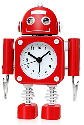 Betus Non-Ticking Robot Alarm Clock Stainless Metal - Wake-up Clock with Flashing Eye Lights and Hand Clip (Ruby Red)