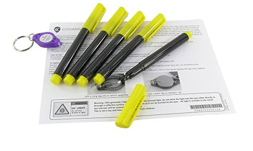 Covans 5 x UV Ink Permanent Marker Pen. Ultra Violet Security Markers. Complimentary UV Blacklight LED Light Torch.