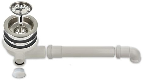 tecuro Válvula de colador para fregadero Ø 114 mm (3 1/2 pulgadas) con salida de ahorro de espacio y conexión del dispositivo, se puede acortar con juntas y llave de montaje