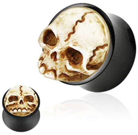 BlackAmazement Unisex 3D Flesh Tunnel Plug Inlay Piercing Organisch Büffel Horn Knochen Kunststoff Skull Totenkopf Gothic (Größe: 16 mm)