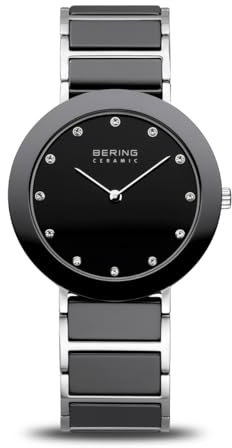 BERING 11435-749 Reloj de cuarzo para mujer con caja de acero inoxidable plateado de 35 mm, esfera negra, brazalete de acero inoxidable con detalles en cerámica y resistencia al agua de 3 ATM