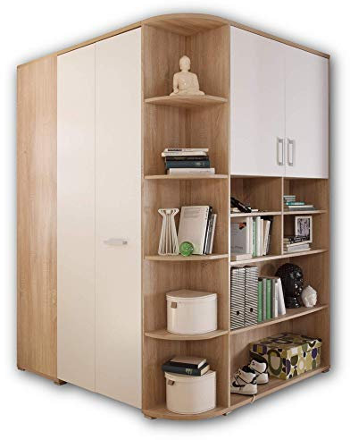 Stella Trading CORNER Begehbarer Eckkleiderschrank für Kinder- & Jugendzimmer - Großer Kleiderschrank mit viel Stauraum in Eiche Sonoma Optik, weiß - 146 x 198 x 133 cm (B/H/T)