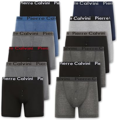 Pierre Calvini Mens Button Fly Boxer Shorts - Anti-Chafe Fitted Mens Boxers - Soft, Breathable & Comfortable Multipack Underwear Suitable For Any Occasion - 12 Pk - Blue, Black & Grey - Medium