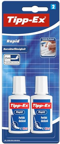 BIC 8871661 Tipp-Ex Rapid, 2 x 25 ml Korrekturflüssigkeit, Korrekturfluid mit Auftragsschwämmchen für präzises Ausbessern