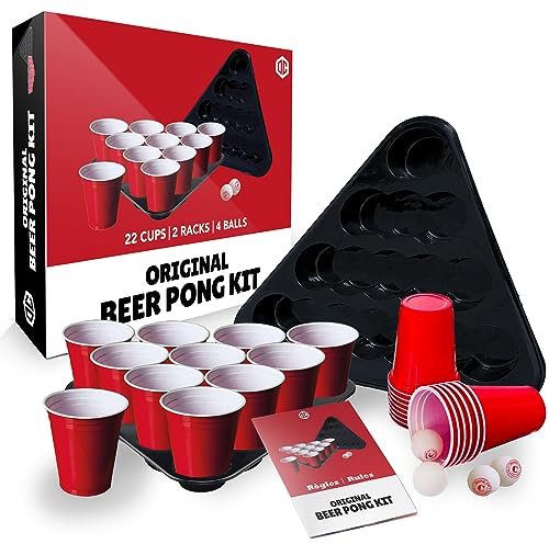 Originale Birra Pong Kit Ufficiale® | Confezione Completa di Birra Pong Ufficiale | 22 Coppe Rosso | 2 Pitch Rack | 4 Palle | Regole Ufficiali | Gioco di Bere | OriginalCup®