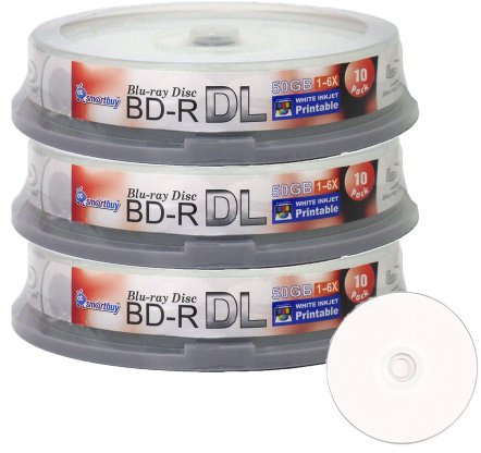 Smart Buy 30 Pack Bd-r Dl Printable White Inkjet 50gb 6X Blu-ray Double Layer Recordable Disc Blank Data Video Media 30-Discs Spindle