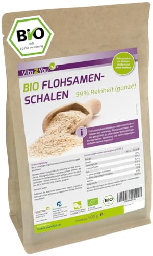Vita2You Flohsamenschalen BIO - 99% Reinheit - 500g Zippbeutel - indische Flohsamen-Schalen - 1er Pack (500g) - Premium Qualität