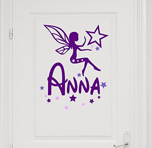 Türaufkleber mit Wunschnamen, 73043-29cm-tricolore-violett, mit bunten Sternen und Fee, Elfe fürs Mädchenzimmer, Kinderzimmer Mädchen, Namensaufkleber, Wandtattoo mit Namen