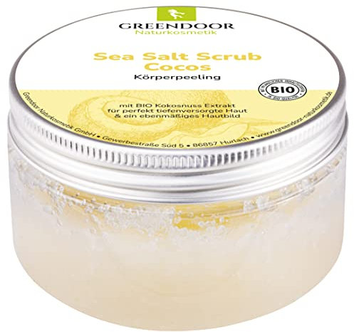 GREENDOOR Körperpeeling Meersalz Cocos, natürliches Salz-Peeling ohne Mikroplastik mit Bio Kokos, 280g Duschpeeling Naturkosmetik, Body Scrub Damen, Körper-Peeling Sauna-Salz