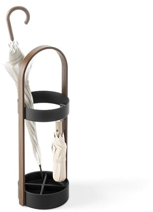 Umbra Bellwood Schirmständer, Runder Regenschirmständer mit Rostfreier Abtropfschale, Schwarz/Walnuss