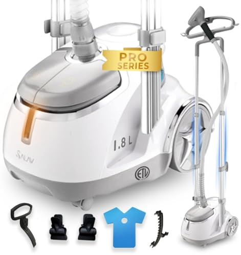 SALAV GS45-DJ Professional Upright Garment Steamer with Roll Wheels, Multi-Function Extra Wide Hanger, Fabric Brush & Mini Ironing Paddle, 1500 watts, Silver