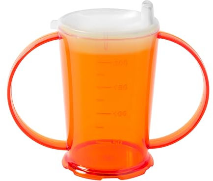 Harfield Translucent Orange 2-Handled Beaker & Narrow Spout Drinking Aid Sippy Cup Reusable Virtually Unbreakable Copolyester Plastic