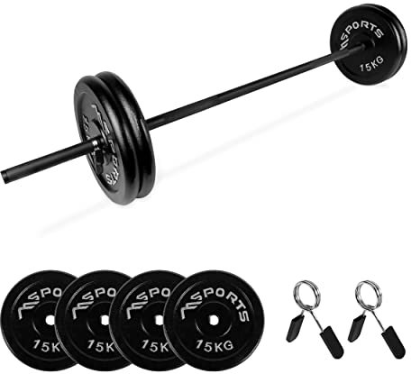 Langhantelstange mit Federverschluss + 30 oder 60 kg Guss - Hantelscheiben Langhantel (Langhantel + 60 kg)