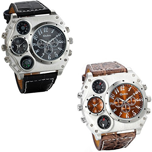 JewelryWe Herren Armbanduhr Analog Quarz Kompass Thermometer Zwei Zeitzonen Sport Uhr mit Leder Armband und großem Digital Zifferblatt Vatertagsgeschenk