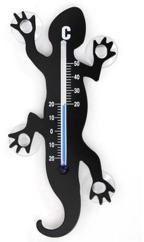 HAB & GUT -TG001-SCHWARZ- Fenster - Thermometer Gecko SCHWARZ aus Metall, 14 cm mit 4 starken Saugnäpfen zur Befestigung innen und außen