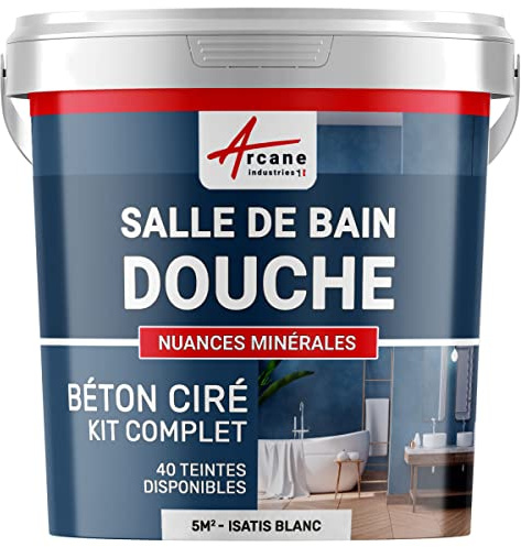 Béton Ciré Salle de Bain, Douche Italienne 5 m² (en 2 couches) Isatis Blanc | Kit Complet Imperméable, Sols et Parois de Douche Italienne, Surface Lisse sans Joints, 40 Coloris - Arcane Industries