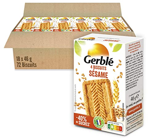 GERBLÉ – Biscuits Sésame Goût Toasté – Réduit en Sucres – Sans Huile de Palme – Nutri-Score B – Format Pocket 4 x 18 – 72 biscuits