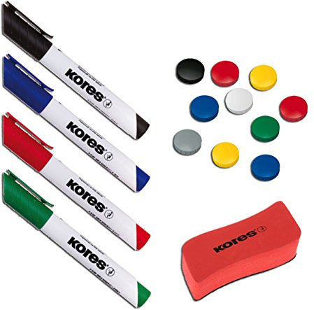 Kores WhiteboardMarker Starter Set, 4 Marker Rundspitze + Tafellöscher M20864 + 10 Rundmagnete sortiert (Set Start, sortiert)