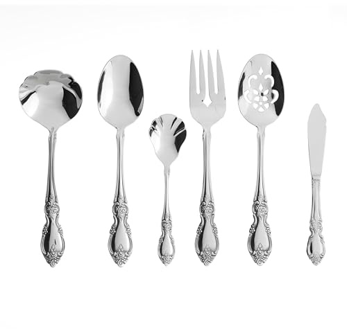 Oneida Silverware Serving Utensils Set of 6, Louisiana 6-Piece Fine Flatware Serveware Set, Serving Spoons Fork Ladel & Spreader, 18/8 Stainless Steel, Mirror Finish, Dishwasher Safe (Silver 6 Pieces)