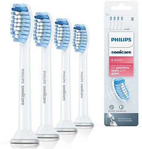 Philips Sonicare Lot de 4 têtes de brosses à dents électriques soniques S Sensitive pour les gencives sensibles, Blanc (Modèle HX6054/07)