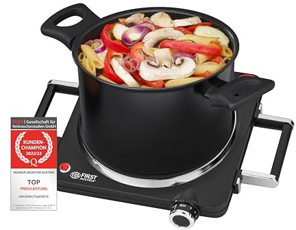 TZS First Austria Infrared Hot Plate, 1500W Single Hob, Fast-Heat Glass Cooker, 220 mm, 400 °C Max, Thermostat, Overheat Protection, Any Cookware