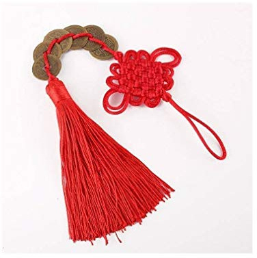 lachineuse – Talismán Feng Shui de Prosperidad – Amuleto con pompón y 6 Piezas Chinas sapecas – Longitud 33 cm – Color Rojo y Dorado – Idea de Regalo asiático – Suerte & Riqueza