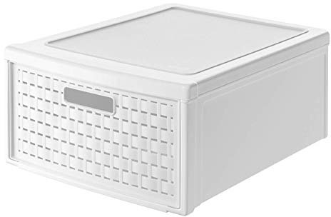 Rotho Country Cassettiera con 1 Cassetto in Rattan, Plastica (PP) senza BPA, Bianco, Grande/19.2 L, 45.0 x 34.0 x 20.0 cm