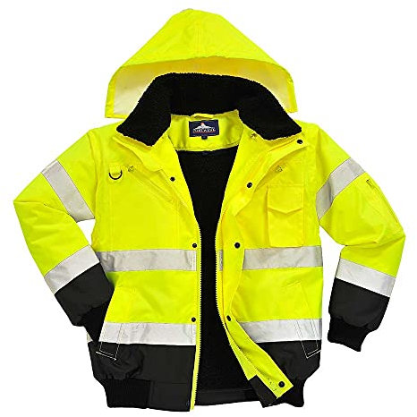 Portwest C465 Hi-Vis 3-in-1 Waterproof Contrast Hooded Bomber Jacket with Pockets - Reflective Outdoor Safety Security Workwear Coat, Yellow/Black, L