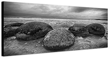 Augenblicke Wandbilder Keilrahmenbild Wandbild 150x50cm Neuseeland Steine Meer Strand schwarz weiß